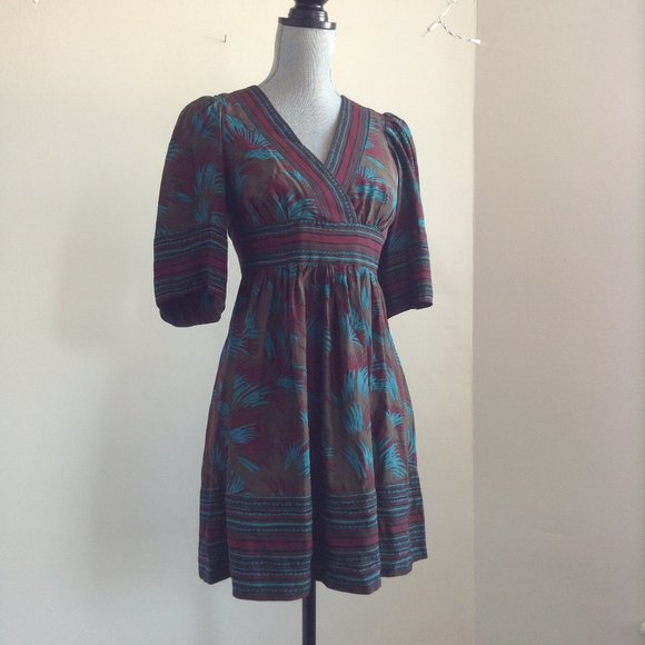 BETSEY JOHNSON V-NECK EMPIRE WAIST PRINT GREEN SHORT MINI DRESS 3/4 LONG SLEEVE - Picture 2 of 11